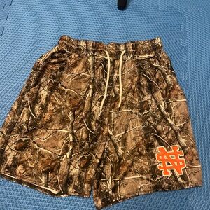 ROMWE Men's Camo Shorts with Orange Emblem